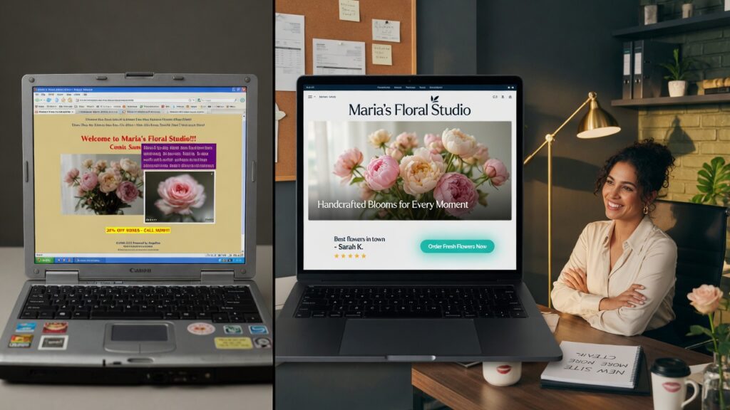 Professional website design comparison showing the impact of a well-designed business website on brand credibility and user experience