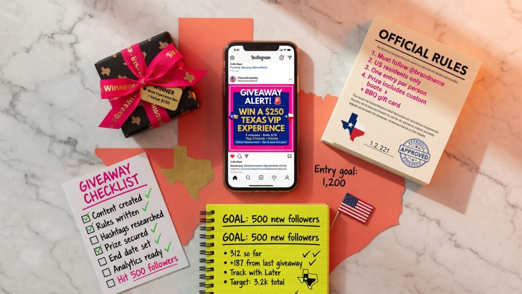 Social media giveaway planning checklist with official rules, prize box, and online contest strategy notes for Texas businesses