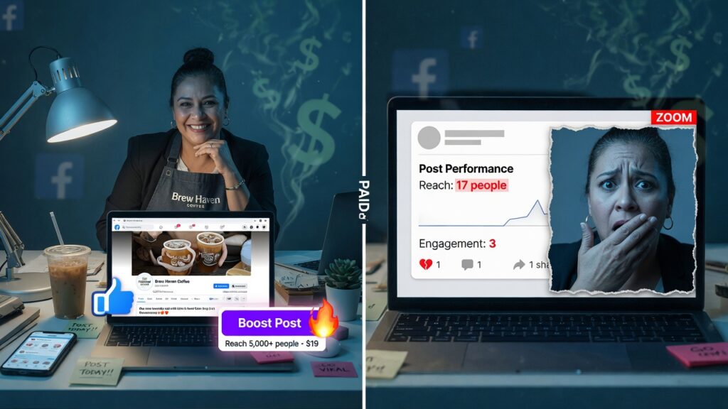 Facebook marketing for small business — analytics showing low organic reach despite high follower count, illustrating the pay-to-play reality