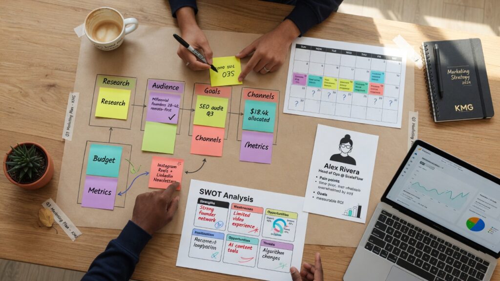 Small business marketing plan laid out on a table with SWOT analysis, buyer persona, content calendar, and marketing strategy notes